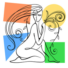 Vector illustration. Graphic abstract portrait of a woman. Drawn by calligraphic line.