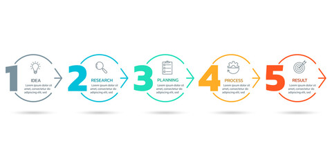 5 steps info graphic with numbers, business icons and arrows. Modern business process design. Timeline infographic, presentation, workflow layout template. Vector illustration.