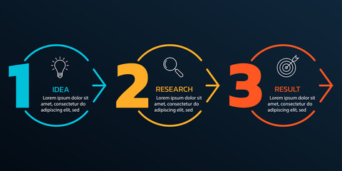 3 steps info graphic with numbers, business icons and arrows. Modern business process design. Timeline infographic, presentation, workflow layout template. Vector illustration.