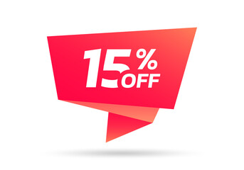 15% sale or discount tag, sticker or origami label. 15 percent price off badge. Promotion, ad banner, promo coupon design element. Vector illustration.
