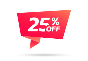 25% sale or discount tag, sticker or origami label. 25 percent price off badge. Promotion, ad banner, promo coupon design element. Vector illustration.