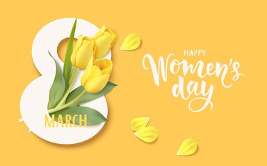 Happy Womens Day. 8 March design template. Calligraphic lettering text with decorative gift box and yellow tulip flowers. Flat lay. Vector stock illustration