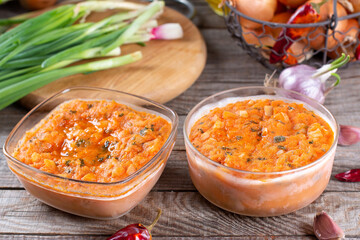 Frozen sauce in a container on a table