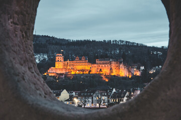 Heidelberg Castle enclosed by the Love Stone (Liebesstein) in winter time.