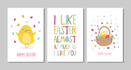 Set of Easter cards with cute cartoon chicken and type design . Easter greetings cards. Vector illustration EPS10