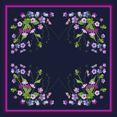 Vector pattern for design of hijab, shawl, scarf, small different flowers with leaves buds and stems on a dark blue background, square layout ornament