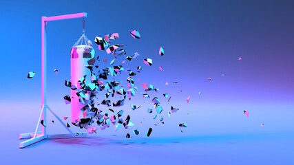 punching bag in purple neon lighting falling into small pieces