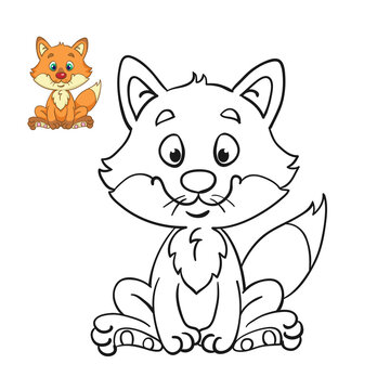 Funny cute fox. Black and white picture for coloring book with a colorful example. In cartoon style. Isolated on white background. Vector illustration.