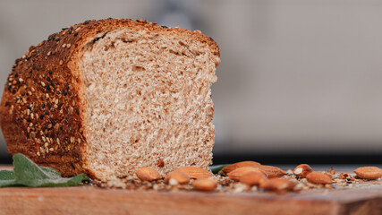 wholegrain rye bread with seeds and copy space