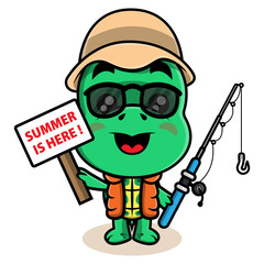 Funny Turtle cartoon characters wearing fisherman hat, sunglasses, and life jacket, carrying a fishing rod and a billboard with 