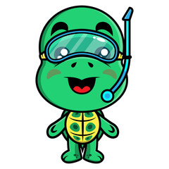 Adorable Turtle cartoon characters wearing snorkeling goggles, best for logo or mascot of swimwear shop for children