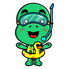 Adorable Turtle cartoon characters wearing snorkeling goggles and duck buoy, best for logo or mascot of swimwear shop for children
