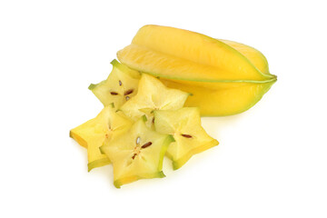 Averrhoa carambola and slices isolated on white