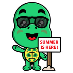 Funny Turtle cartoon characters wearing sunglasses and standing beside a billboard with 