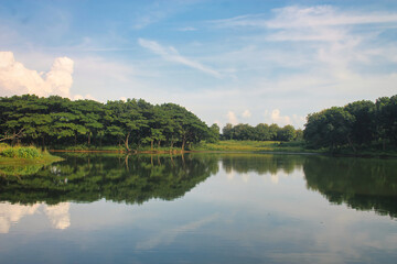 Landscape of A combination of green on the shores of the lake. Trees are reflected in the lake.