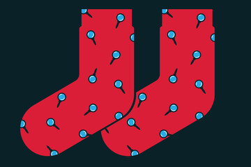 Pair of red socks with the pattern of magnifying glasses.
Amateur detective concept illustration.