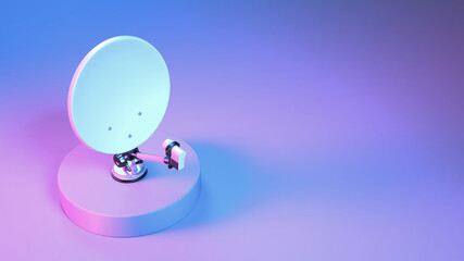satellite dish close up in neon blue and purple lighting