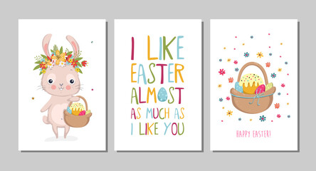 Set of Easter cards with cute bunnies and lettering. Easter greetings cards with bunny, cups, eggs and flowers. Vector illustration EPS 10