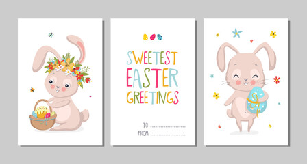 Set of Easter cards with cute bunnies and lettering. Easter greetings cards with bunny, cups, eggs and flowers. Vector illustration EPS 10