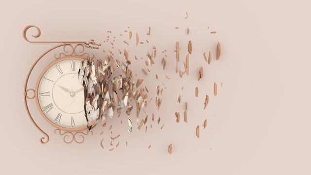 half destroyed clock with fragments flying off