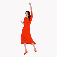 A woman in a red dress, with black hair, with a raised hand, clenched into a fist. Protester, screaming, dancing, winner. Isolated over white background. Vector illustration