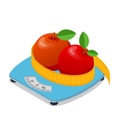Isometric two apples lie on a scale and measurement tape. Healthy food and Diet planning concept. Healthy eating, personal diet or nutrition plan from dieting expert.