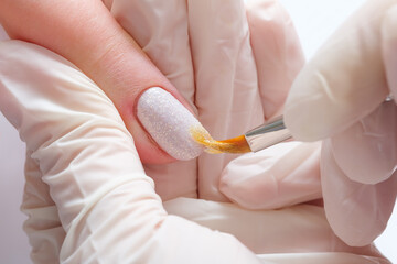 Beautiful manicure nails paint. Woman in nail salon applying manicure.