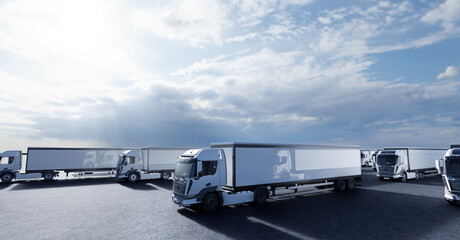 Fleet of new heavy trucks. Transportation, shipping industry