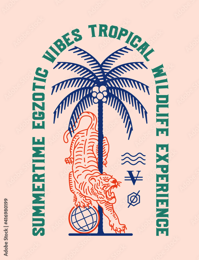 Wall mural palm tree and tiger illustration with slogan print design