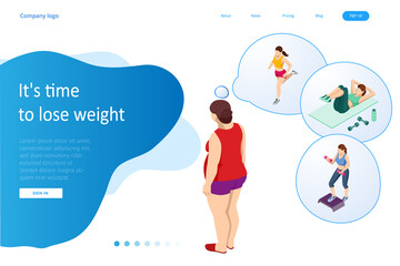 Isometric Healthy food and Diet planning concept. Healthy eating, personal diet or nutrition plan from dieting expert. Overweight, a woman dreams of losing weight and playing sports