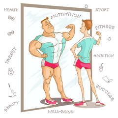 Vector caricature illustration. Cartoon funny man in a fitness class looks at his reflection in the mirror and dreams. The concept of motivation for physical education and a healthy lifestyle.