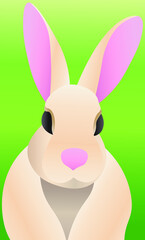 A pink, pastel light Easter Bunny hand drawn illustration for religious celebration, holiday on green, gradient background with black eyes for social media, website, blog content. 