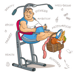 Cartoon vector illustration. Cartoon funny man in fitness class with heavy food. The concept of motivation for exercise, diet and a healthy lifestyle.