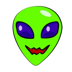 A cunning alien with large purple eyes, an evil grin, a cosmic man, a Martian face, an intergalactic UFO.  Color sticker, illustration for books, comics. Vector image on white background, isolated.