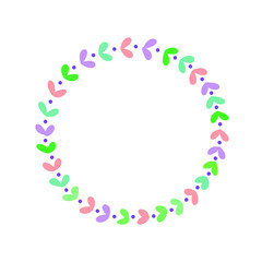 A round frame of leaves and dots drawn by a marker, a colored circle on a white background. Illustration for headlines, copy space, cute design for diaries, notebooks. Vector, isolated.