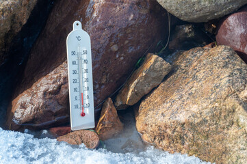 thermometer in water on rocks, the concept of global