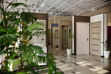 shop window of interroom doors. a large selection of interior doors for the house. home renovation concept