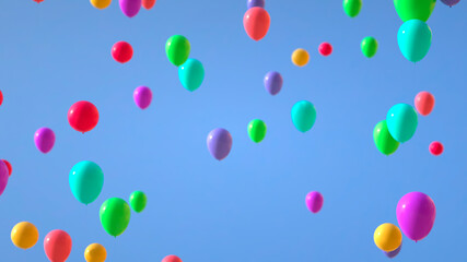 colorful balloons flying, floating in the blue sky.
