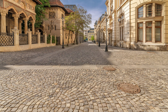 The beautiful Strada Postei street in the Lipscani district, in a moment of tranquility without people, historical center of Bucharest, Romania