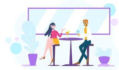Concept happy holidays, relax lifestyle. A couple sitting and eating water  And snacks together in a cafe. Flat style vector illustration for content couples, dating couples, happiness, cafe coffee.