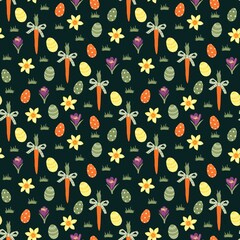 Seamless easter pattern with colored eggs, carrots and spring flowers