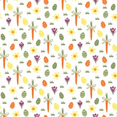 Seamless easter pattern with colored eggs, carrots and spring flowers