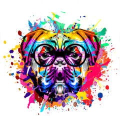 dog head with eyeglasses and creative abstract elements on dark background