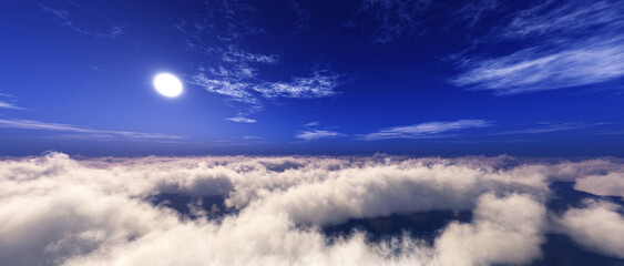 Panorama of clouds at sunset, view of the clouds from above, sunrise above the clouds, 3D rendering