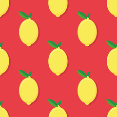 Lemon seamless pattern on red background. Vector illustration.