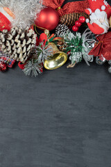 Festive dark background with ornaments and figurines