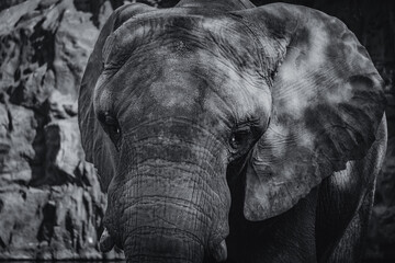 Cabeza de elefante cercano en blanco y negro