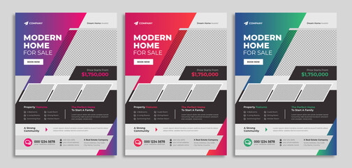 Real estate company flyer template design. Modern home sale poster with abstract geometric shape. Creative banner for housing or property business agency. Digital online marketing & promotion cover. 