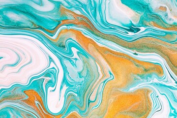 Fluid art texture. Background with abstract mixing paint effect. Liquid acrylic picture that flows and splashes. Mixed paints for posters or wallpapers. White, mint and golden overflowing colors