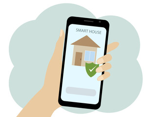 Hand holds a mobile phone. Smart home control from a mobile phone